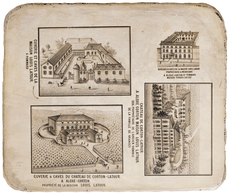 Gravure sur pierre représentant différents bâtiments de la Maison Latour